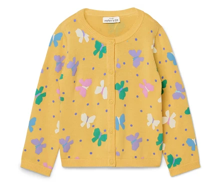 Gelbe Kinderstrickjacke mit bunten Schmetterlingen und Punkten.
