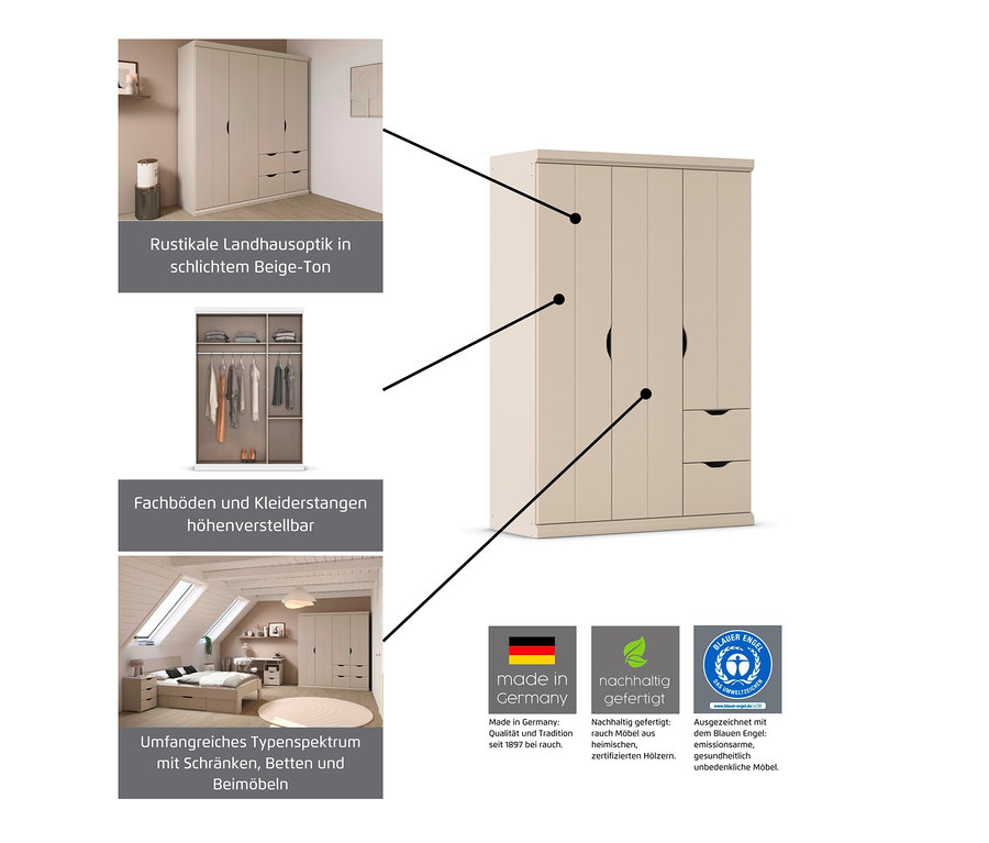 Beiger, 3-türiger Kleiderschrank »Frieda« mit 2 Schubladen.