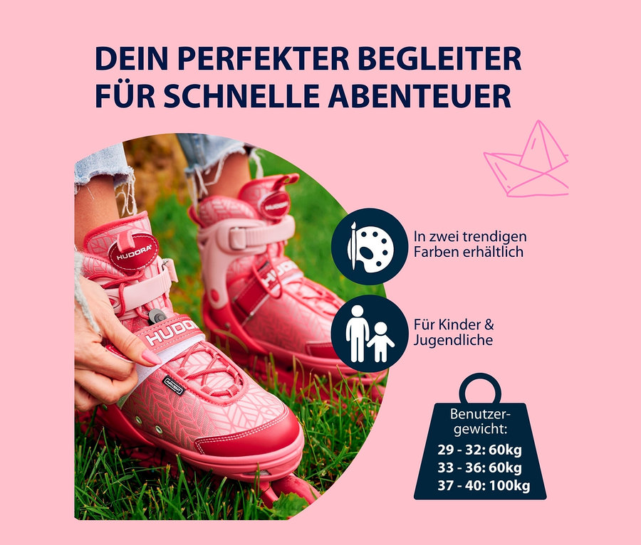 Jemand bindet pinke HUDORA Inline Skates »Mia 2.0« im Gras.