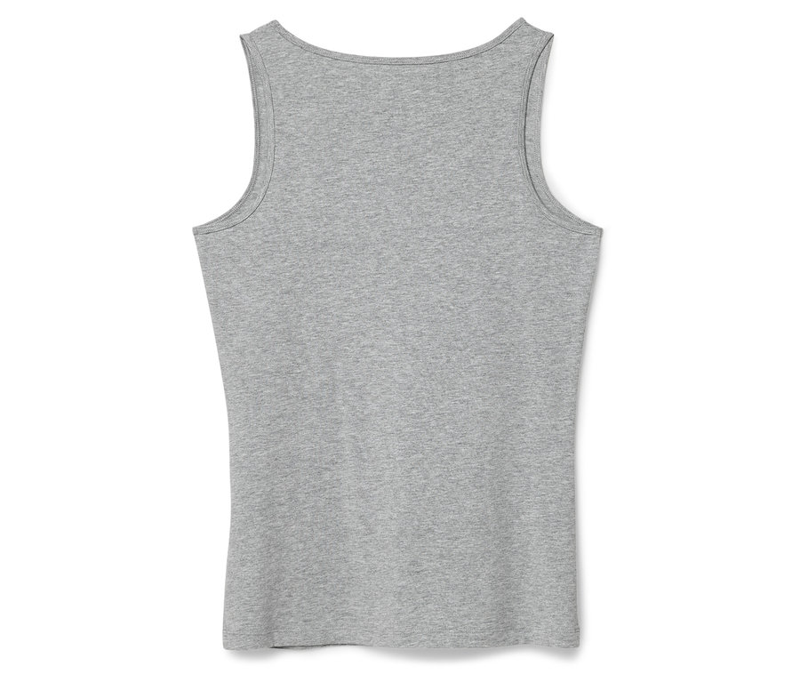 Detailansicht eines grauen Tanktops mit Rundhalsausschnitt.