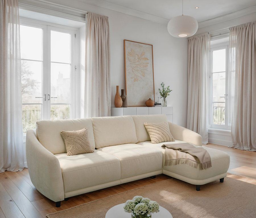Wohnzimmer mit creme DOMO Ecksofa Longchair, rechtsbündig, Tisch und Dekorationen.