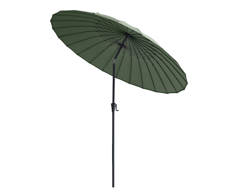 Der grüne Leco Shanghai Sonnenschirm*, Ø 270 cm, ist mit einem schwarzen Ständer aufgespannt.