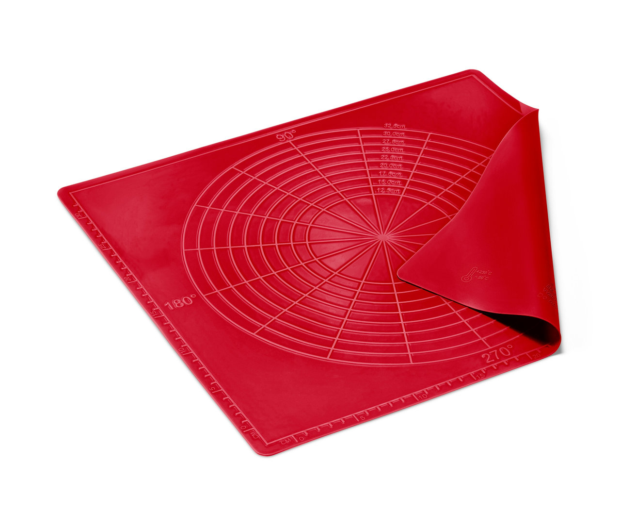Rote Dauerbackmatte mit Kreismuster und Messskala.