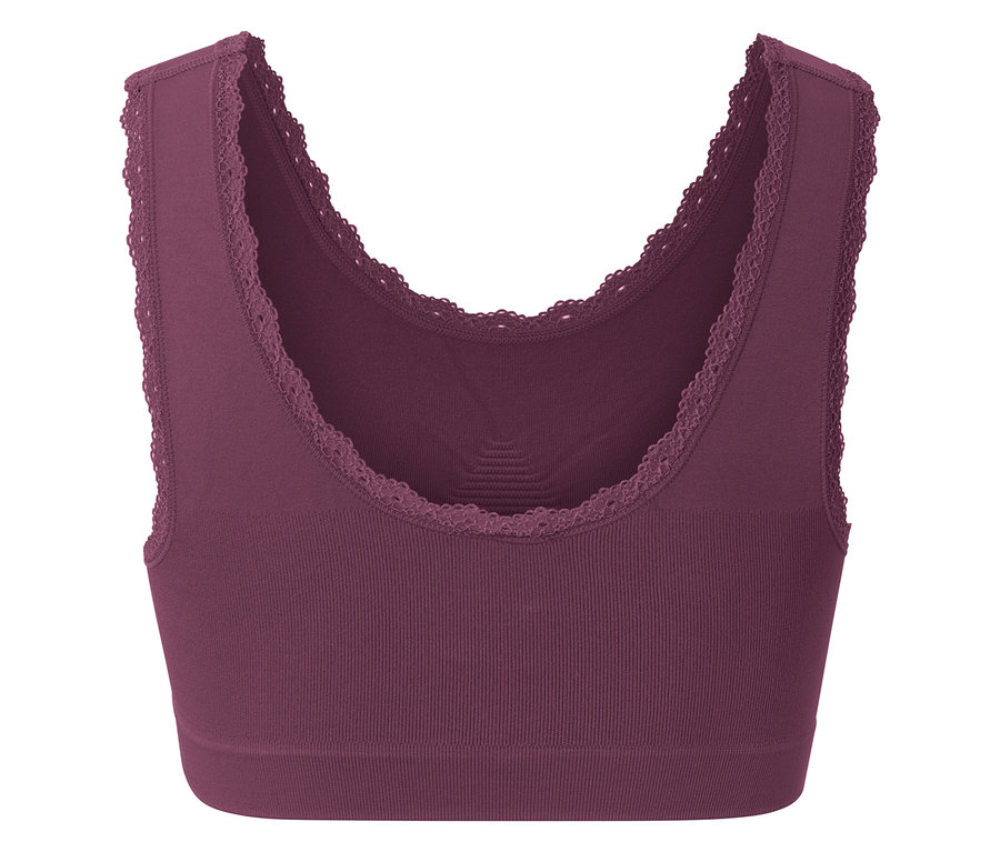 Pflaumenfarbener Sport-BH mit Spitzenbesatz.