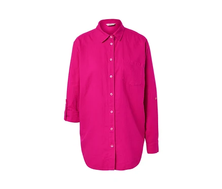 Pinke, lange Leinenbluse mit Knöpfen.