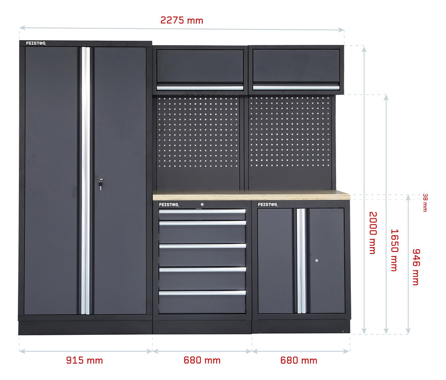 FEISTOS Werkzeugschrank »Apollo 1« in Schwarz mit Maßangaben.