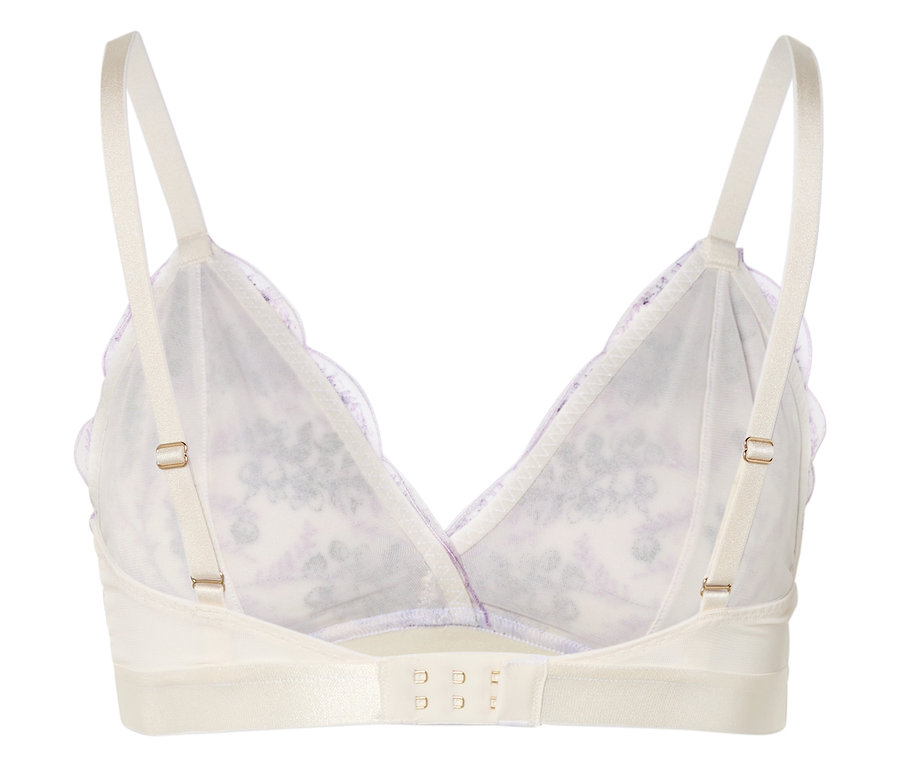 Draufsicht eines weißen BHs mit verstellbaren Trägern und floralem Muster.