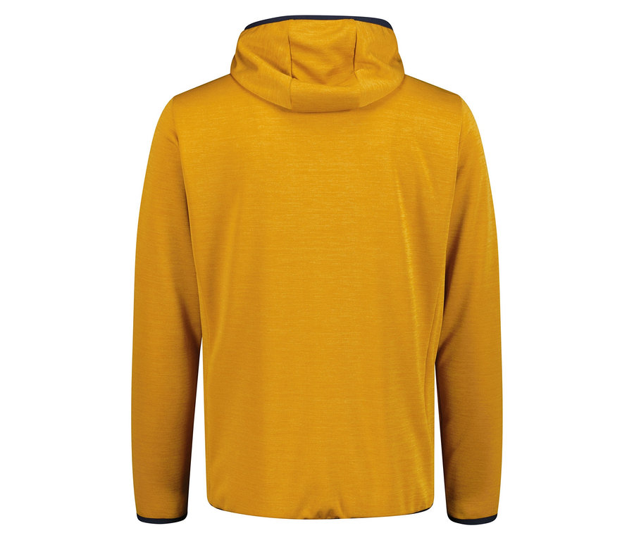 Rückansicht eines ockerfarbenen Fleece-Pullovers mit Kapuze und dunkelblauem Saum.