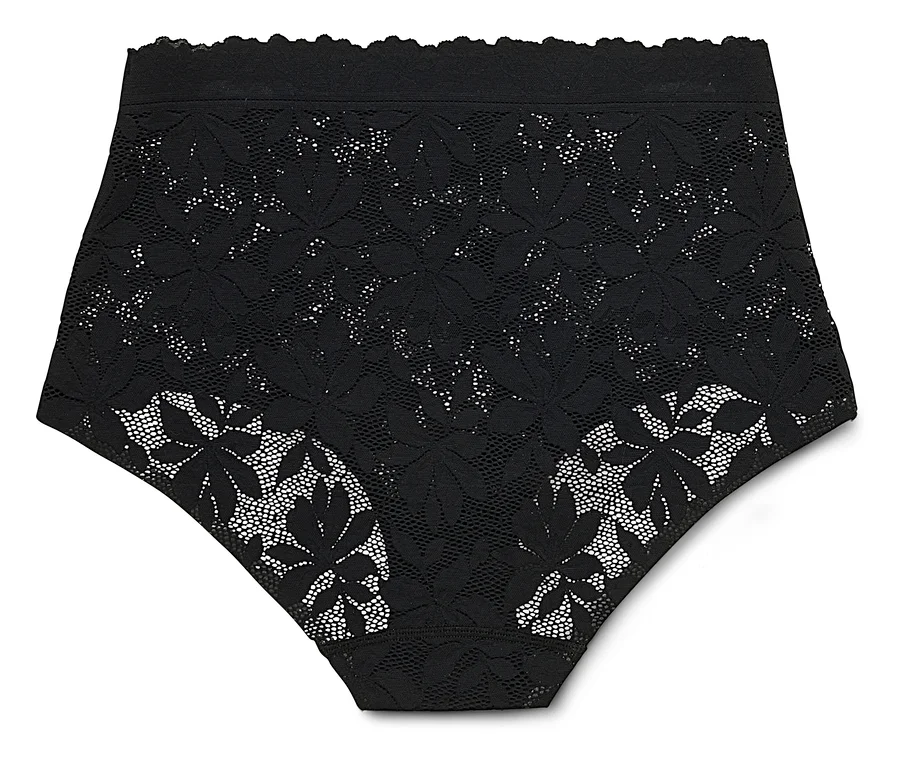 Schwarzer, hochtaillierter Slip mit floraler Spitze liegt auf einem weißen Hintergrund.