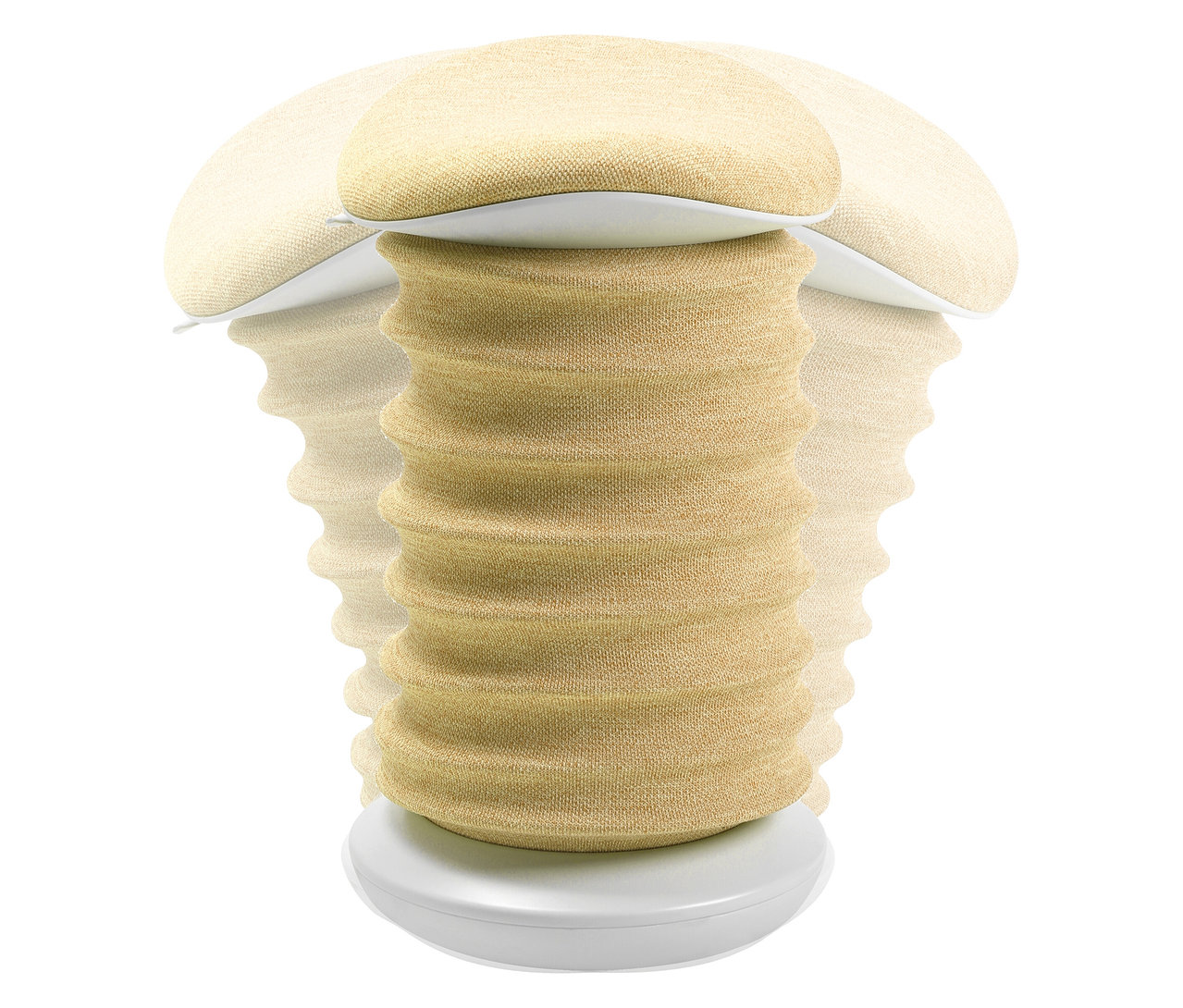 Der gelbe Sitness 4D Hocker mit angedeuteter Bewegung ist vor einem weißen Hintergrund zu sehen.