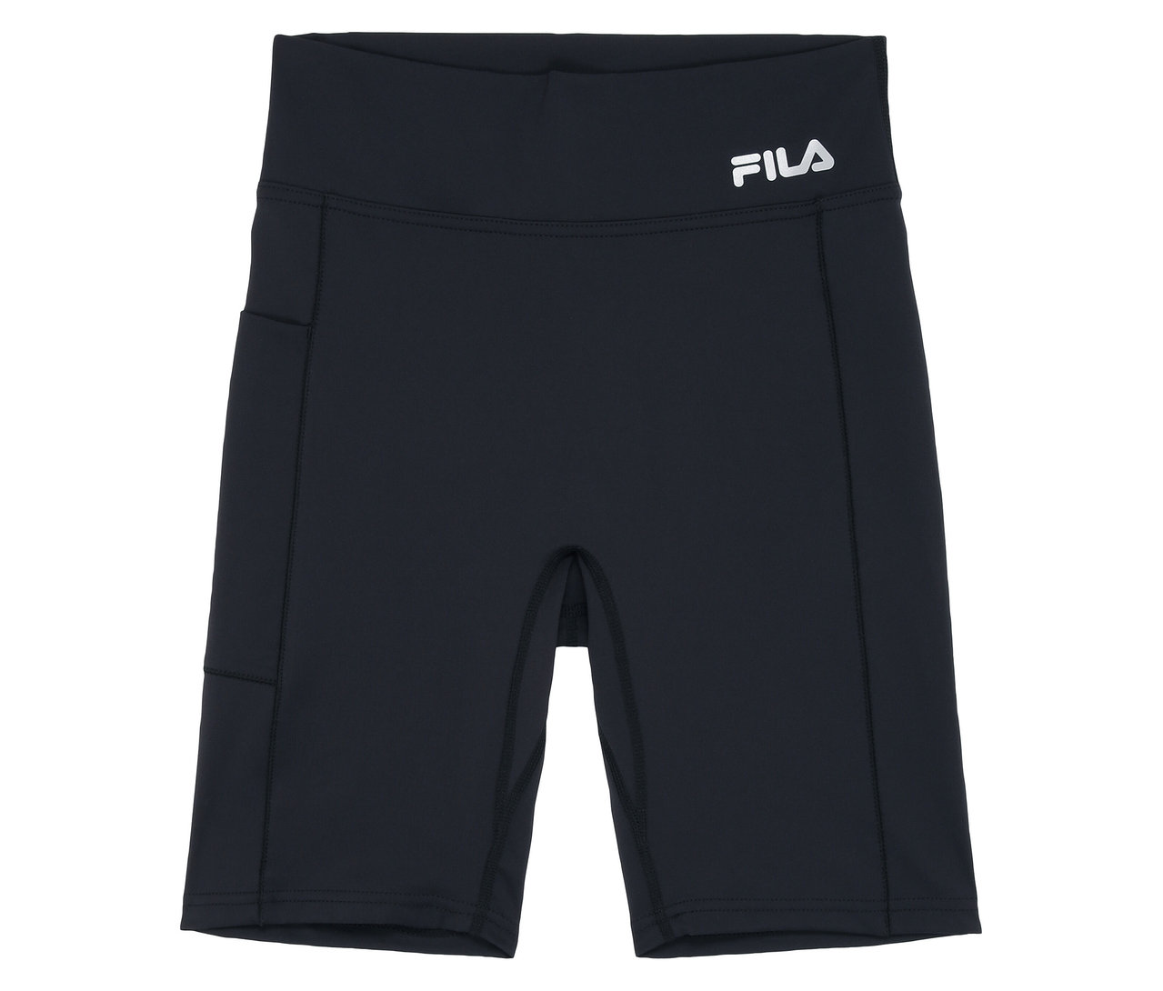 Schwarze FILA Damen-Sportradler mit weißem Logo am Bund und seitlicher Tasche.