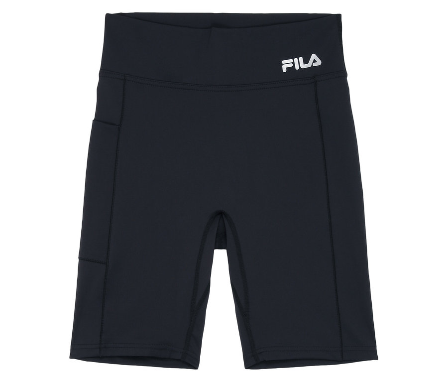 Schwarze FILA Damen-Sportradler mit weißem Logo am Bund und seitlicher Tasche.