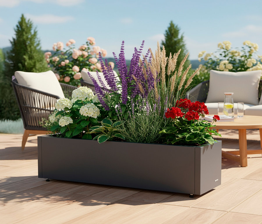 Blumenkasten mit lila, weißen und roten Blumen auf einer Terrasse mit Stühlen und Tisch.