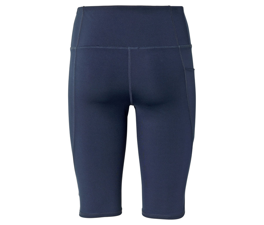 Dunkelblaue, kurze Leggings mit hoher Taille und Seitentasche, von hinten fotografiert.