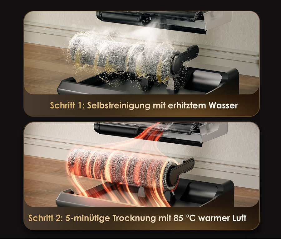 Zwei Ausschnitte des Tineco Nass-Trockensaugers »Floor One Switch i5 Stretch« in Selbstreinigung und Trocknung.