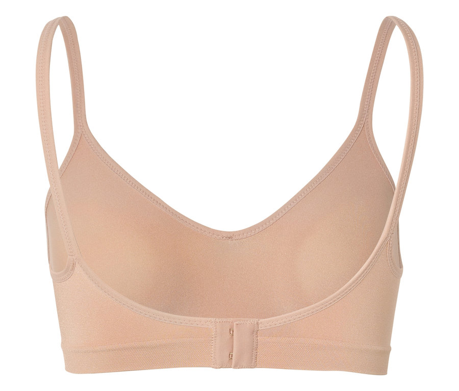 Rückansicht eines hautfarbenen BHs mit schmalen Trägern und Hakenverschluss.