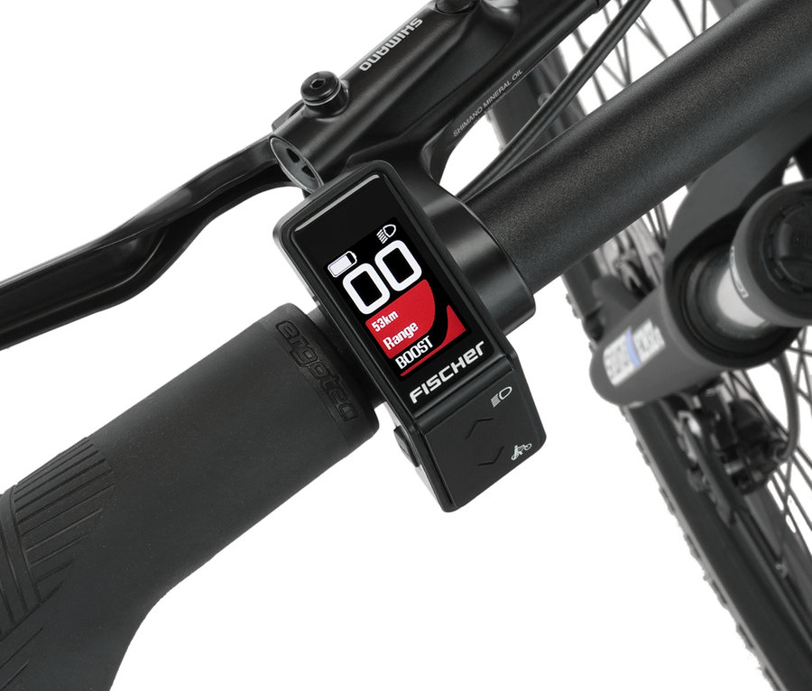 Nahaufnahme des Lenkers eines FISCHER Trekking-E-Bikes TERRA 2.2 ACTIVE (Diamant Rahmen) mit Display.