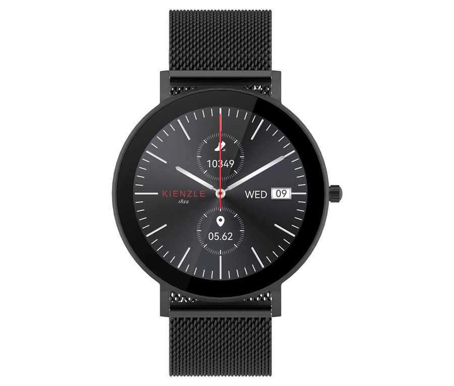 Nahaufnahme der schwarzen Kienzle »Active Smart Slim« Uhr mit schwarzem Armband und digitalem Zifferblatt.