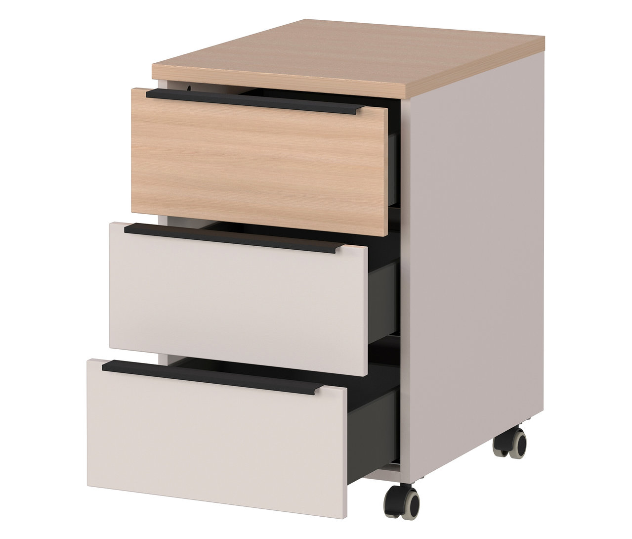 Der Rollcontainer »Oviedo« mit drei Schubladen in Holz- und Weißtönen steht auf Rollen.