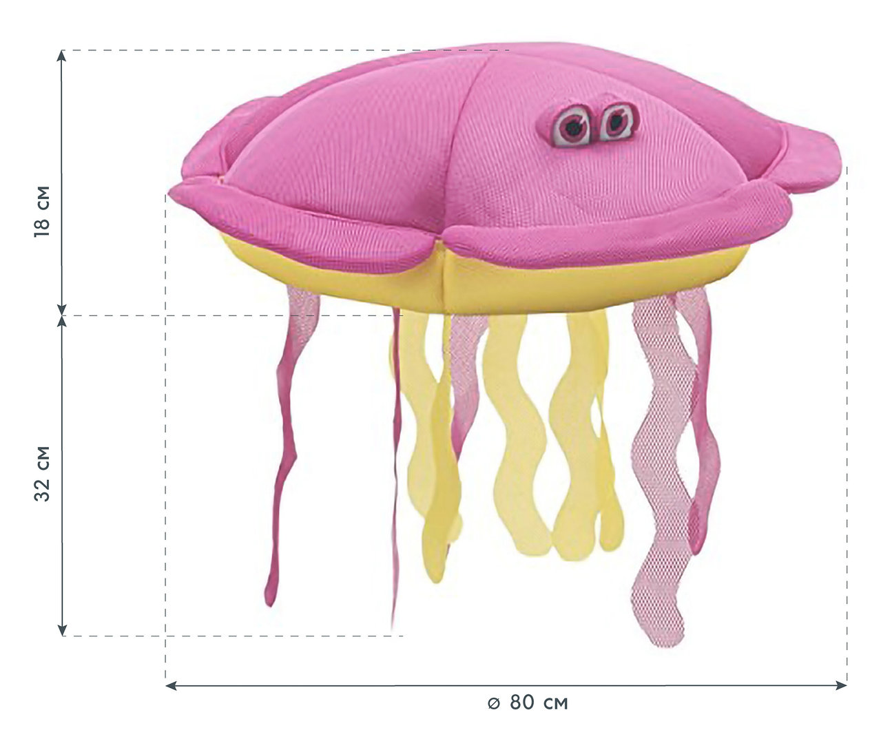 Pinkfarbene Quallen-Plüschfigur mit gelben Tentakeln und Größenangaben in Zentimetern.