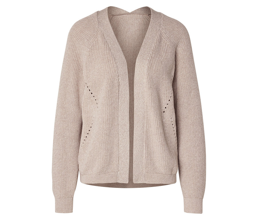 Beige Strickjacke mit langen Ärmeln und V-Ausschnitt, vorne offen.