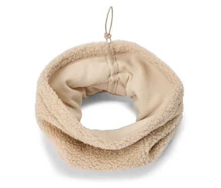 Beiger Teddy-Schlauchschal mit flauschiger Außenseite und Kordelzug.
