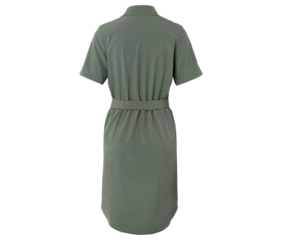 Rückansicht eines olivgrünen Hemdkleid mit kurzen Ärmeln und Gürtel.