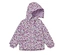 Lila Kinderregenjacke mit Blumenmuster und Kapuze.