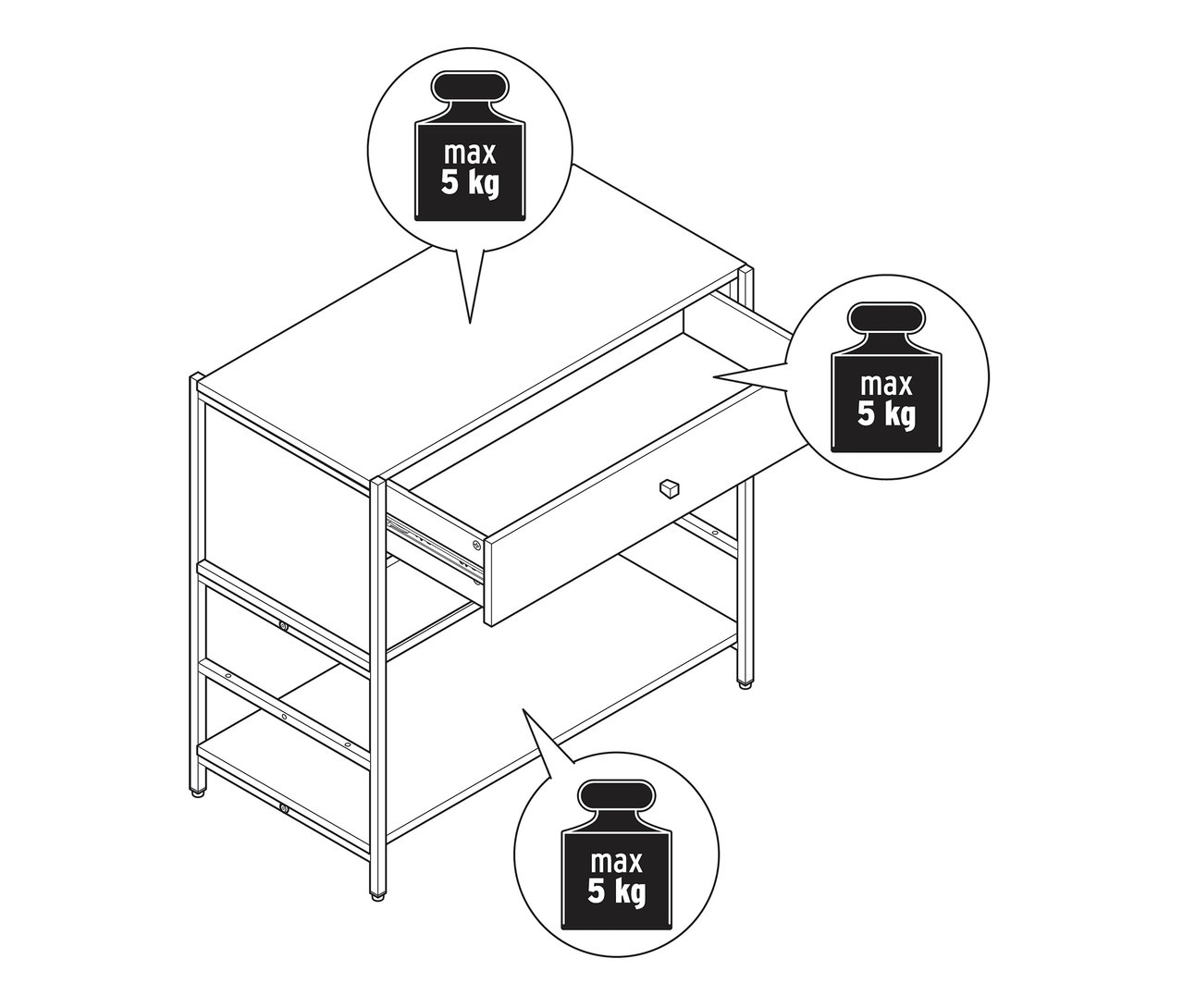 Draufsicht einer Kommode »GRADE« mit zwei Schubladen, eine davon ist geöffnet. Maximale Belastung 5 kg.