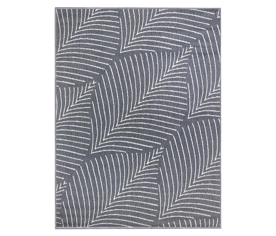 Grauer Teppich mit weißem Blattmuster.