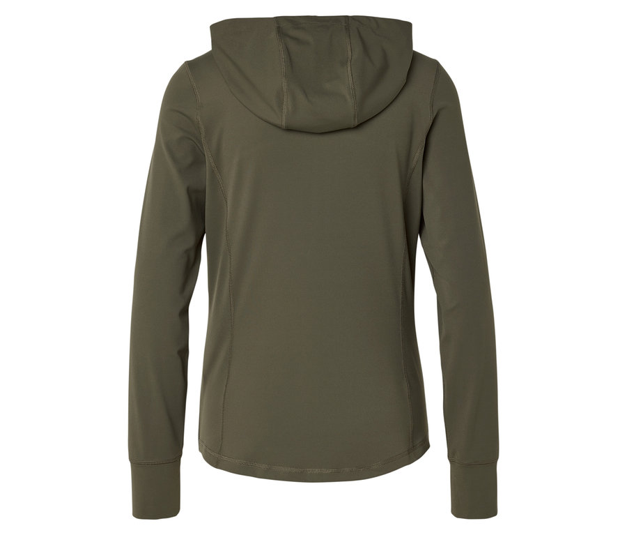 Rückansicht einer olivgrünen Kapuzenjacke mit langen Ärmeln.