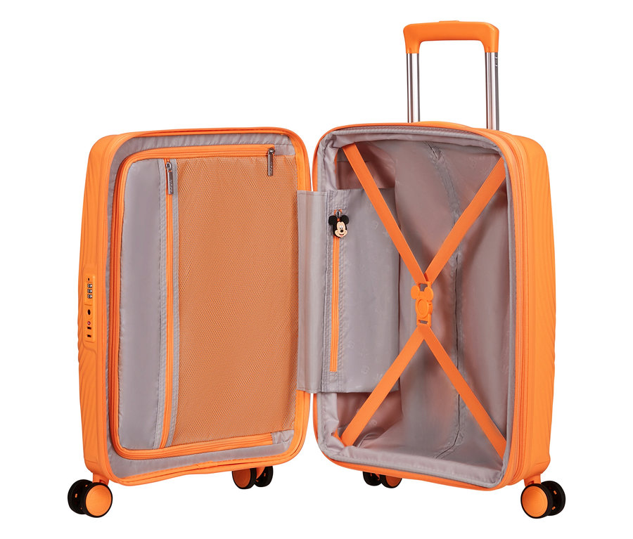 Geöffneter, orangefarbener American Tourister Mickey Magic Trolley.
