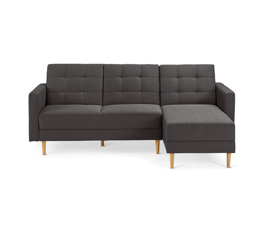 Dunkelgraues Federkern-Eckschlafsofa «Just Relax» mit Stauraumbank, getufteter Rückenlehne und Holzfüßen.