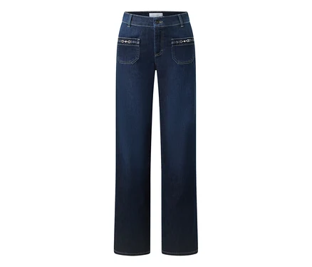 Dunkelblaue Jeans mit weitem Bein und hoher Taille. Vorne zwei aufgesetzte Taschen mit dekorativen Metallringen.