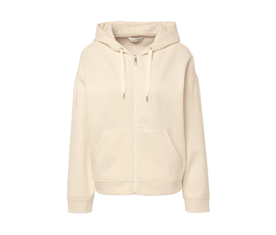 Cremefarbener Kapuzenpullover mit Reißverschluss.