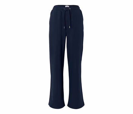 Dunkelblaue weite Jogginghose mit elastischem Bund, Kordelzug und Seitentaschen.