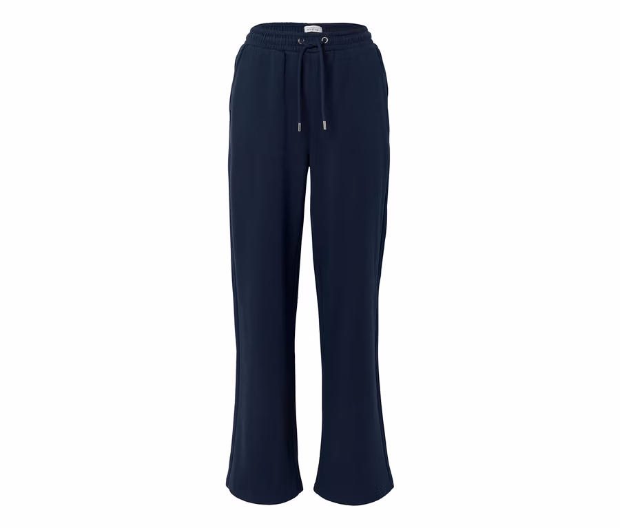 Dunkelblaue weite Jogginghose mit elastischem Bund, Kordelzug und Seitentaschen.