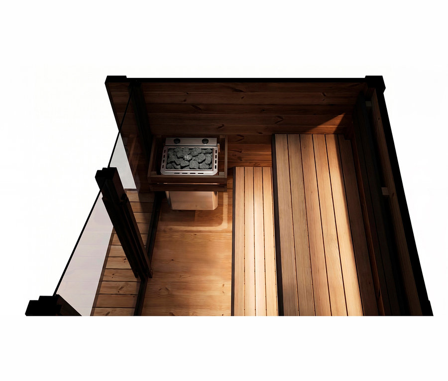 Blick von oben in eine Sauna mit hellen Holzwänden, Boden und Bank, sowie einem Ofen mit Steinen auf einem Holzregal.
