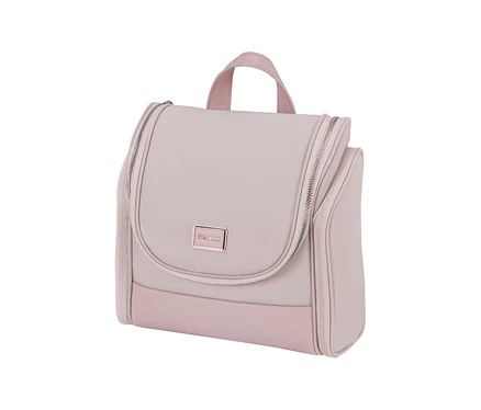 Rosafarbene Samsonite IMAGE Toilet Kit zum Aufhängen mit Reißverschlüssen und Tragegriff.