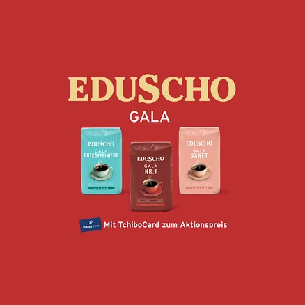 Drei Packungen Eduscho Gala Filterkaffee auf rotem Hintergrund: blau für Entkoffeiniert, braun für Nr.1 und rosa für Sanft. Unten steht "Mit TchiboCard zum Aktionspreis".
