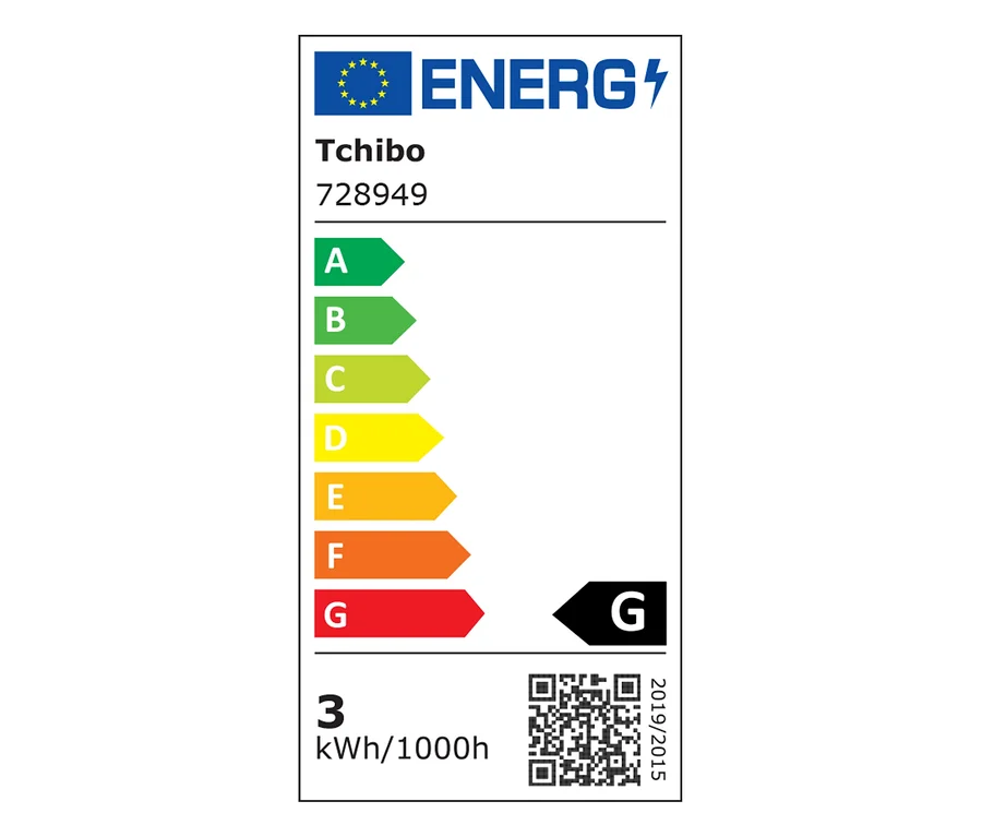 Energieetikett für Tchibo Produkt 728949, Energieklasse G, Verbrauch 3 kWh/1000h, mit QR-Code und EU-Logo.