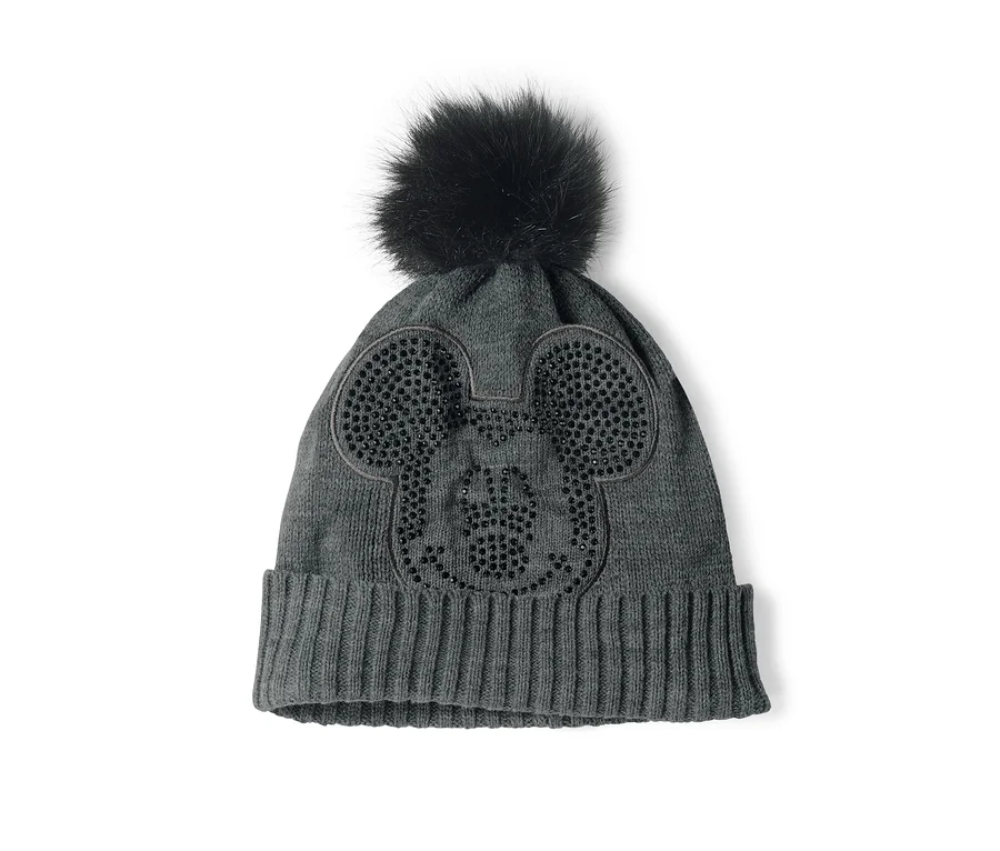 Graue Strickmütze »Disney« mit Bommel und glitzerndem Mickey Mouse Motiv.
