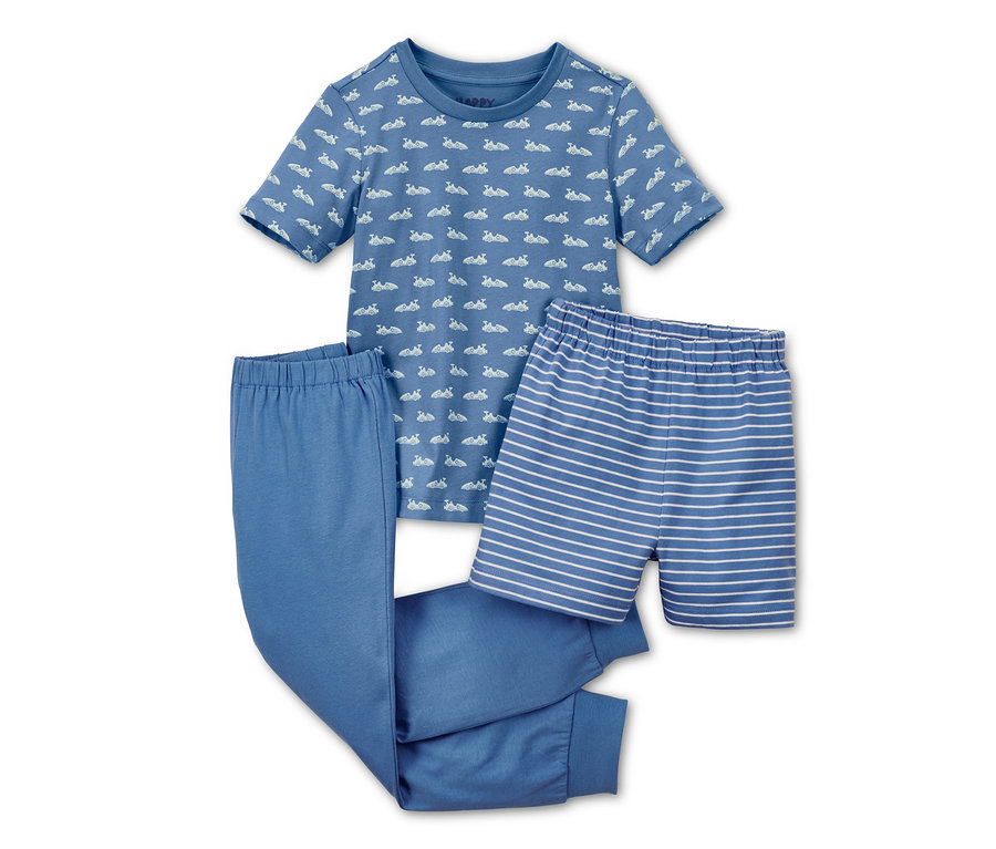 Blauer 3-teiliger Schlafanzug mit Kurzarm, langer Hose und Shorts.