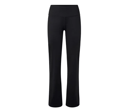 Schwarze, ausgestellte Leggings mit hohem Bund vor weißem Hintergrund.