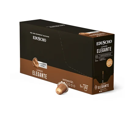 Eine braune Eduscho Lungo Elegante Kaffeekapselpackung mit einer einzelnen Kapsel im Vordergrund.