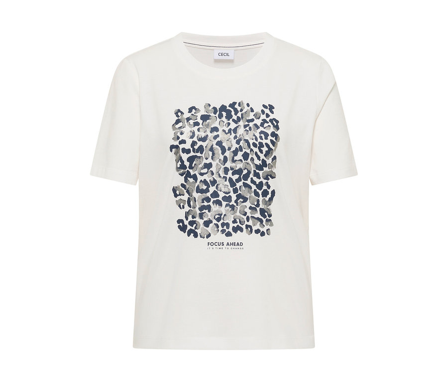 Weißes CECIL Jerseyshirt mit blau-grauem Leopardenmuster und 'FOCUS AHEAD' Schriftzug.