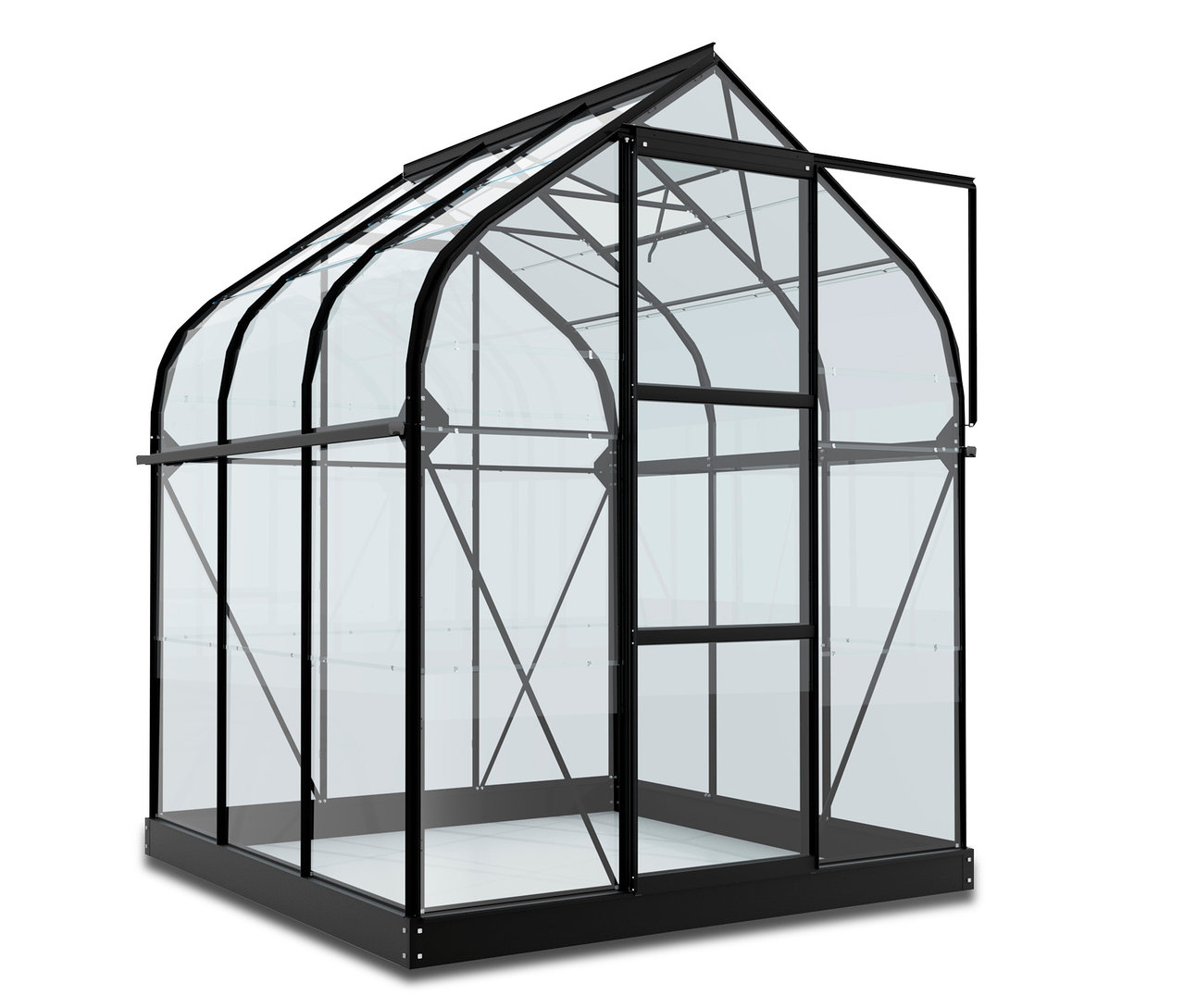 Vitavia Gewächshaus Orion ESG 3,8 m² inkl. Rahmenfundament mit offener Tür.