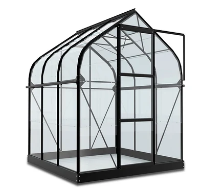 Vitavia Gewächshaus Orion ESG 3,8 m² inkl. Rahmenfundament mit offener Tür.