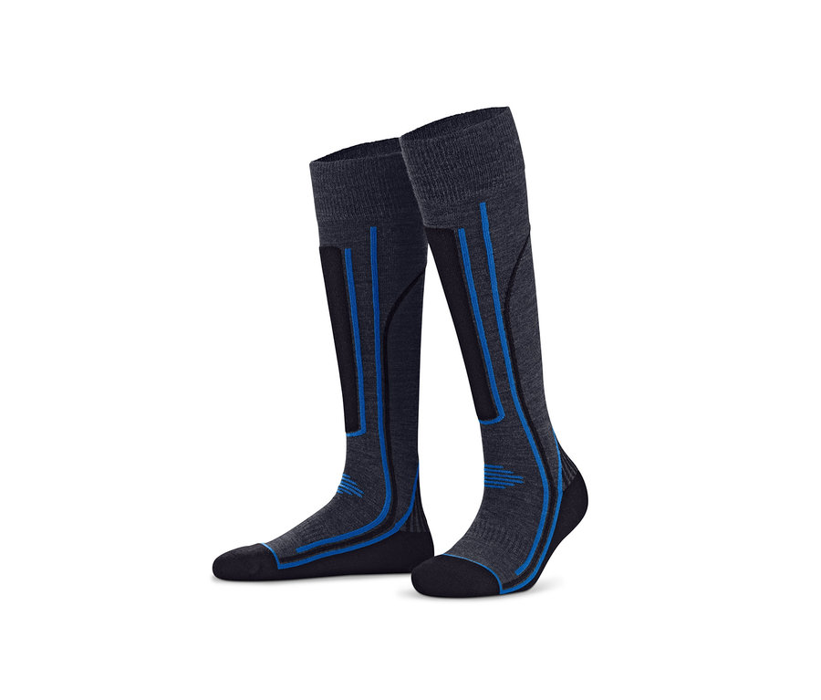 Zwei graue Thermo-Skisocken mit Wolle und blauen Details.