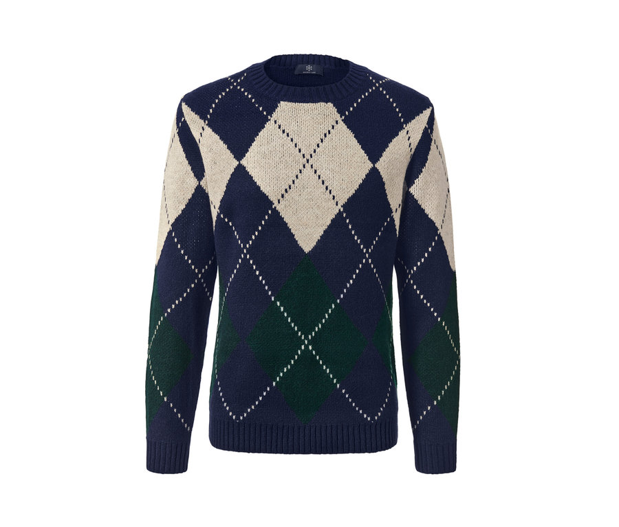 Blauer Strickpullover mit Rautenmuster in Dunkelblau, Creme und Grün.
